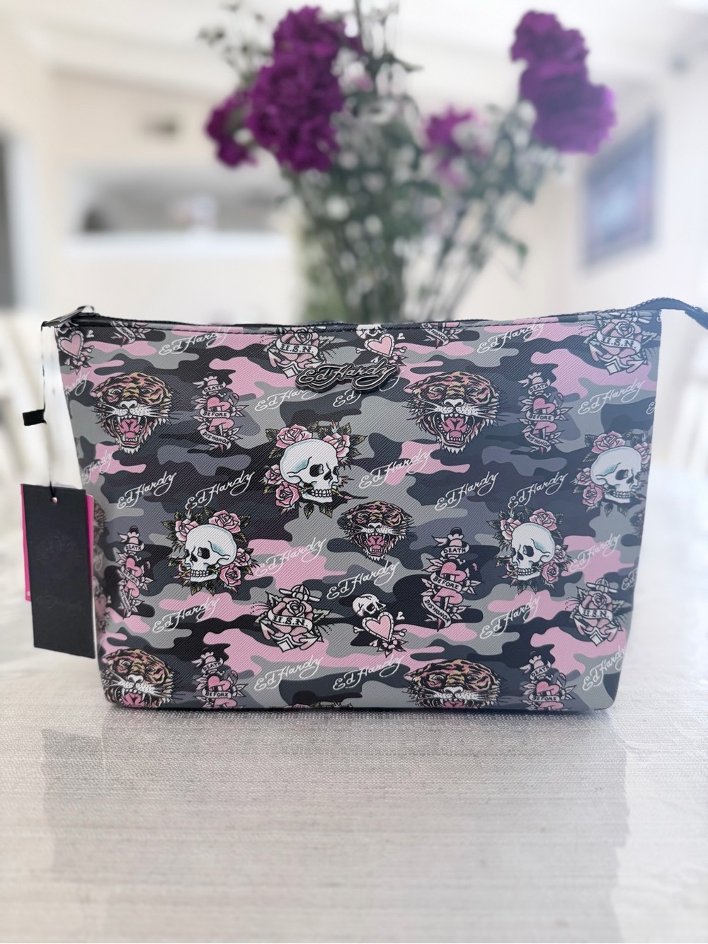 Ed Hardy Pink Black Gray Camo Skull Cosmetic Pouch